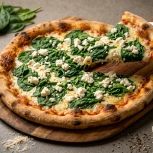 Pizza z serem feta i liśćmi szpinaku