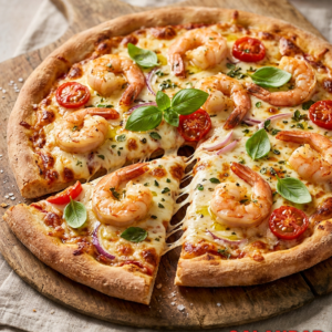 Pizza z krewetkami, papryką, cebulą i czarnymi oliwkami